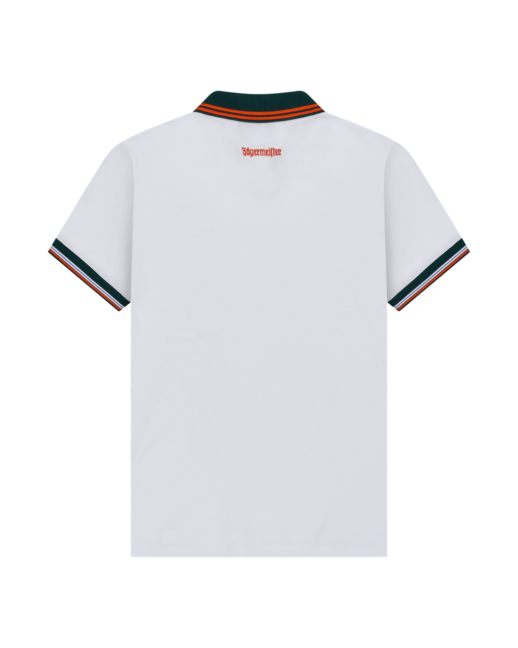 White Jägermeister polo shirt from the back with green and orange trim.