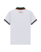 White Jägermeister polo shirt from the back with green and orange trim.