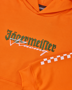 Orange hoodie with a white and green Jägermeister Racing logo.