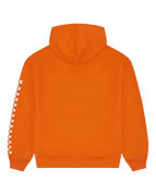 Orange Jägermeister Racing hoodie with white checkered sleeve design.