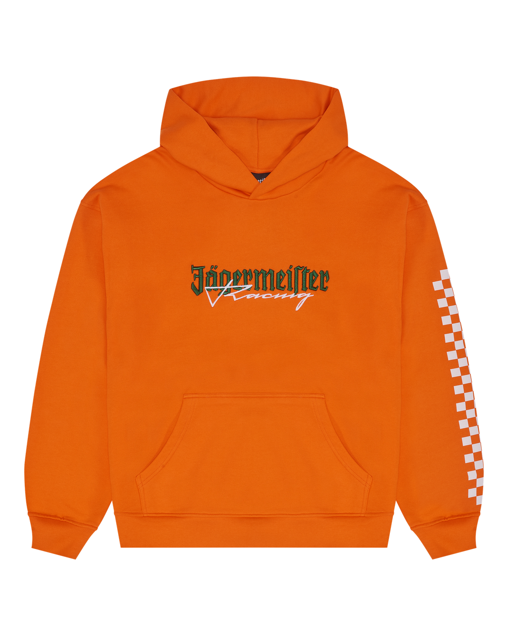 Orange Jägermeister Racing hoodie from the front.
