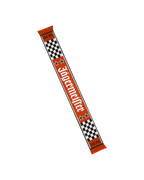 Jägermeister Racing scarf with checkered pattern and text, orange side is visible.