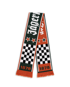 Jägermeister Racing scarf with checkered pattern and stars, showing the Jägermeister wordmark and the founding year 1878 of the company.
