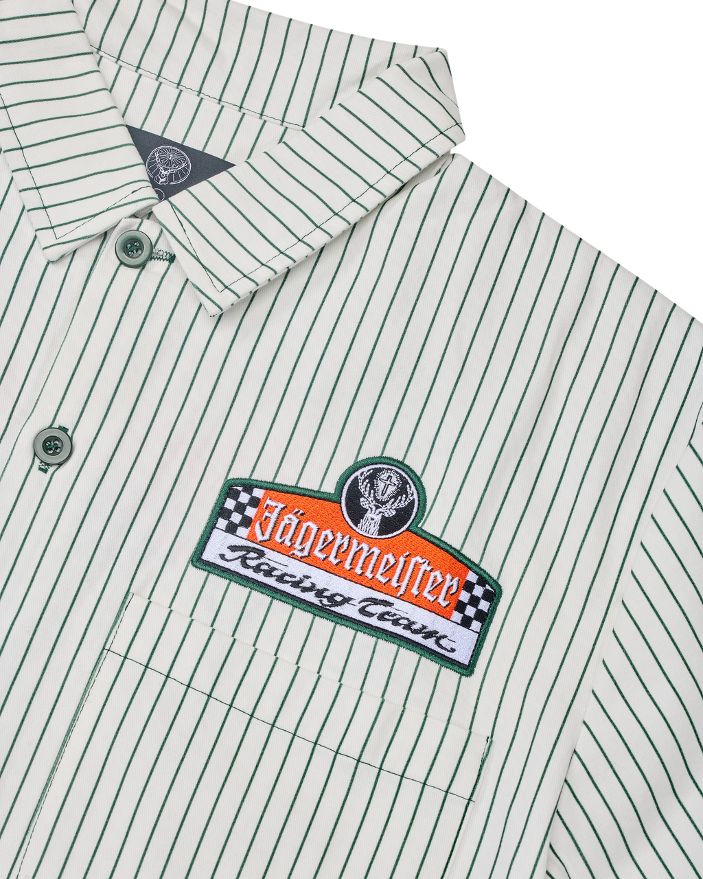 Green and white striped shirt with Jägermeister Racing logo on the chest