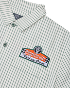 Green and white striped shirt with Jägermeister Racing logo on the chest