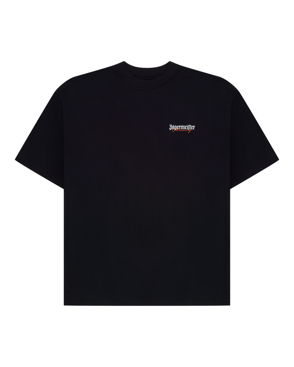 Zwart Jägermeister-racing T-shirt met een klein Jägermeister-racinglogo op de borst.