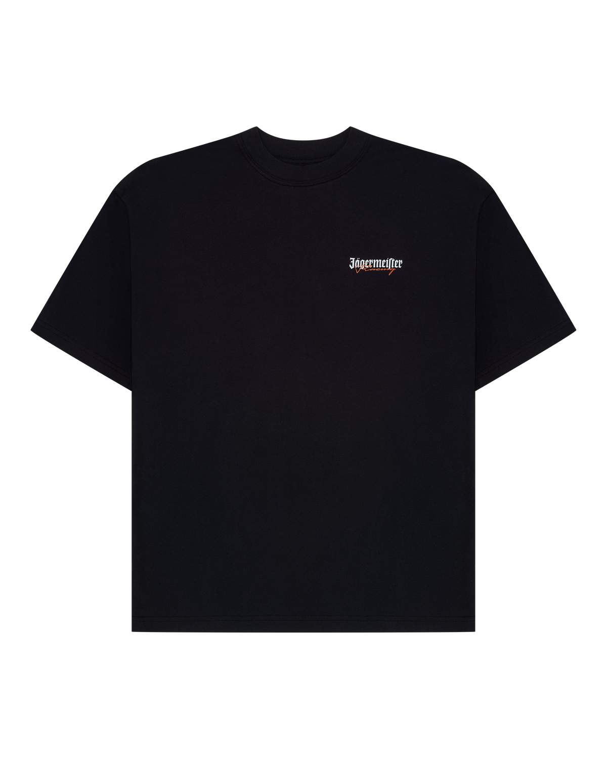 Zwart Jägermeister-racing T-shirt met een klein Jägermeister-racinglogo op de borst.