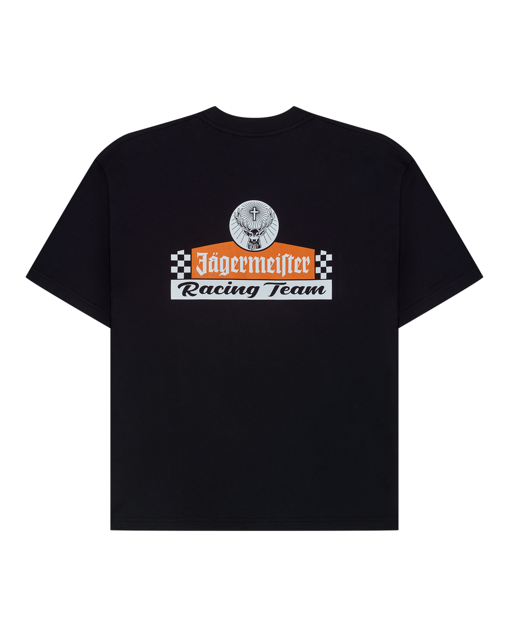 Zwart T-shirt met Jägermeister Racing Team-logo op de achterkant.