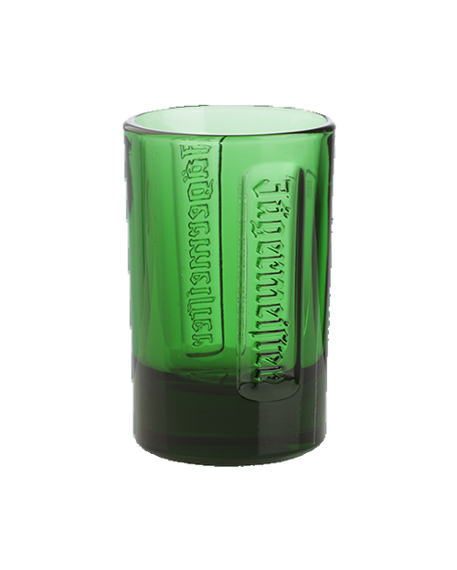 Green shot glas with embossed Jägermeister wordmark 