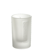 White Jägermeister shot glas with embossed Jägermeister wordmark