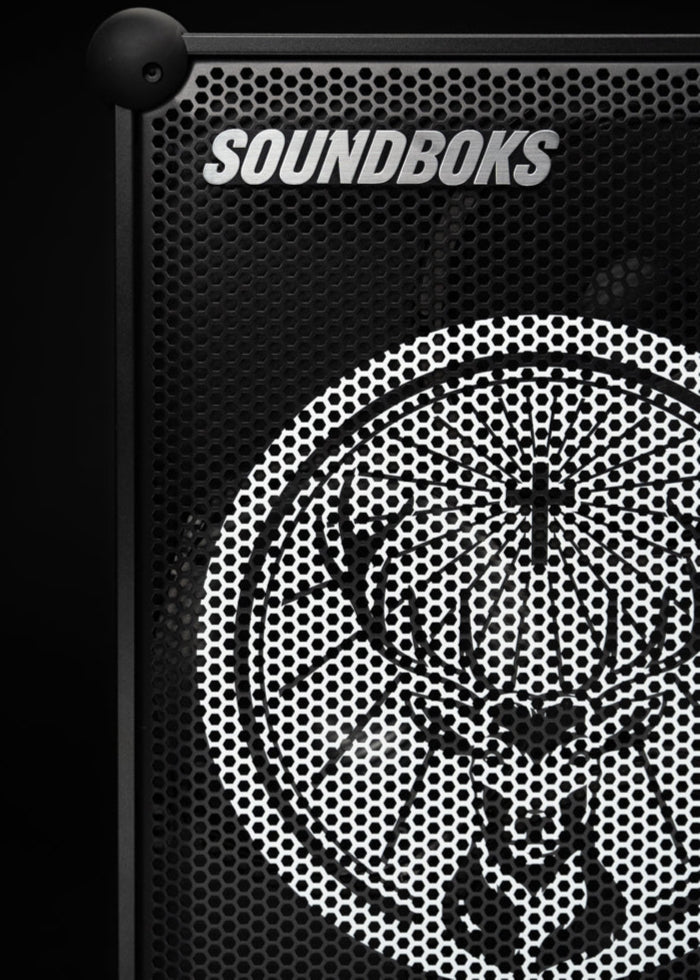 Black Soundboks speaker with Jägermeister brand logo