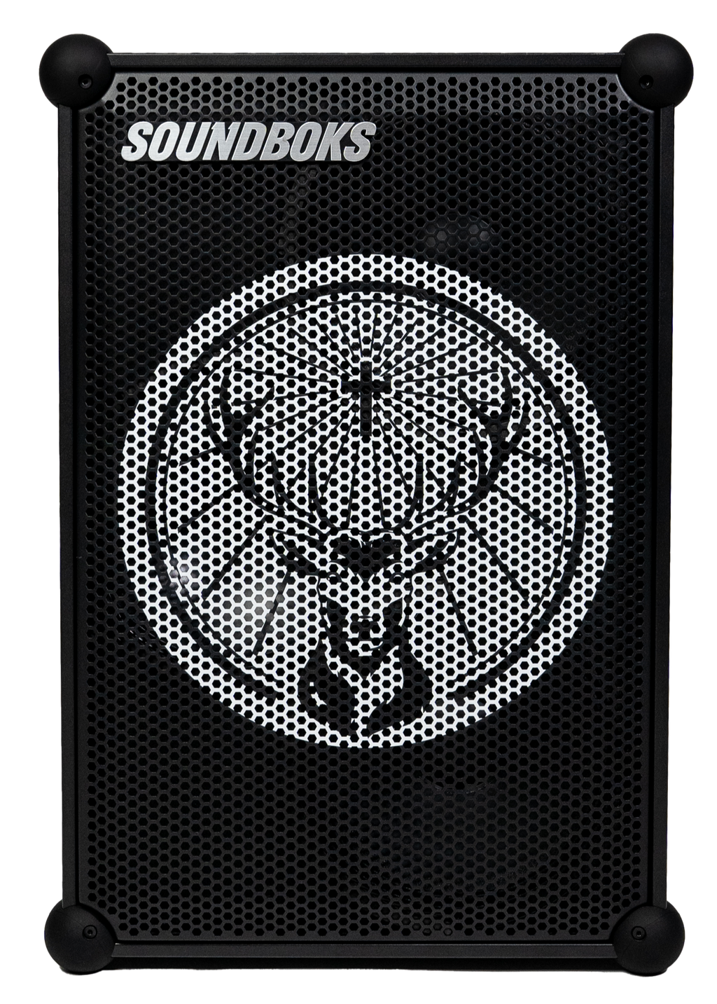Black Soundboks speaker with Jägermeister brand logo