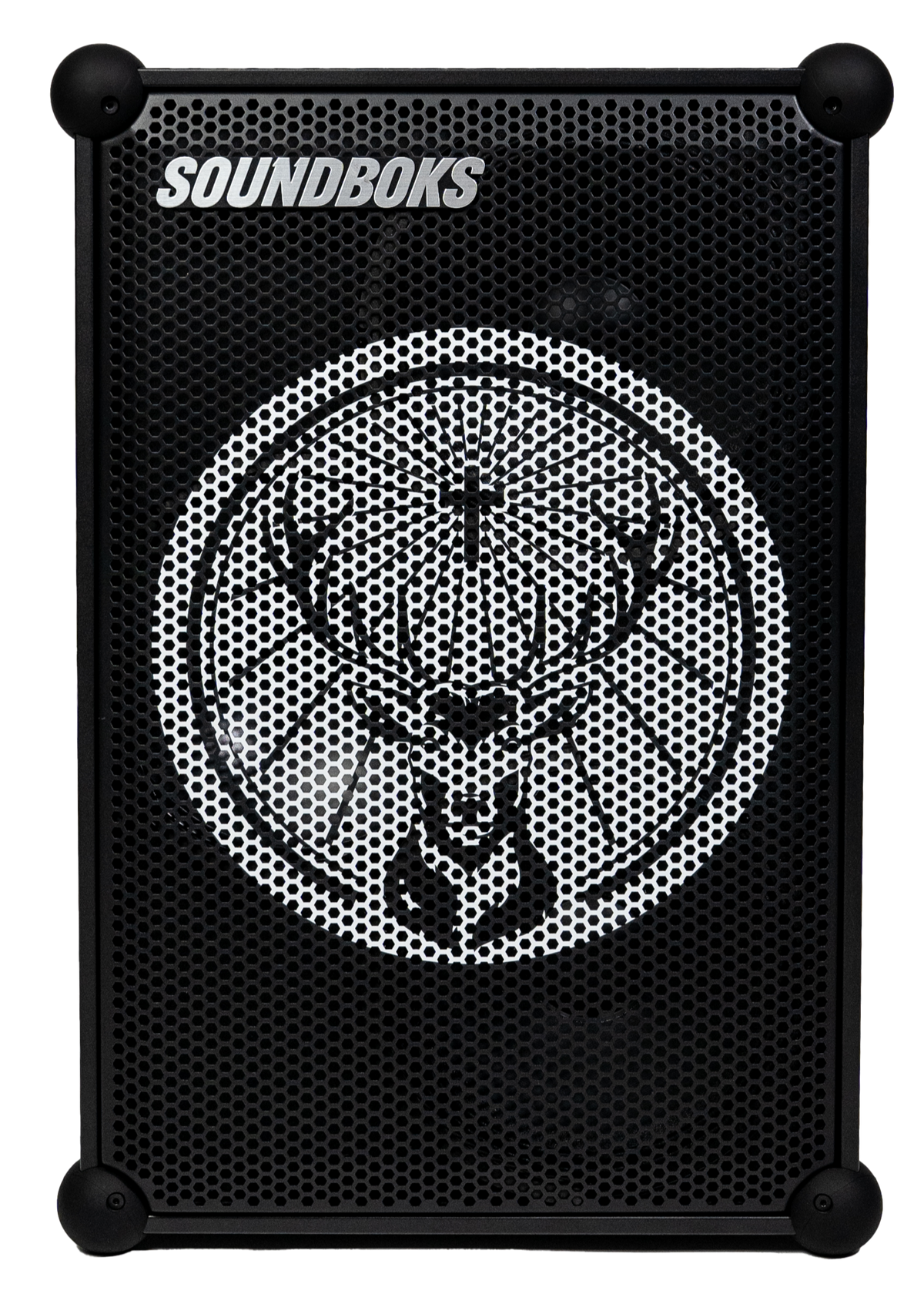 Black Soundboks speaker with Jägermeister brand logo