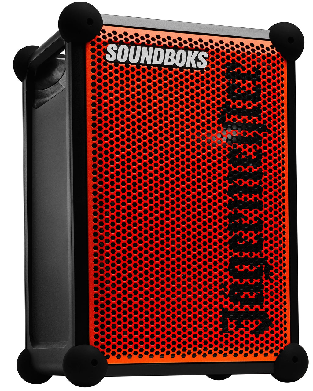 Draagbare Soundboks-speaker in oranje en zwart met 'Jägermeister'-branding