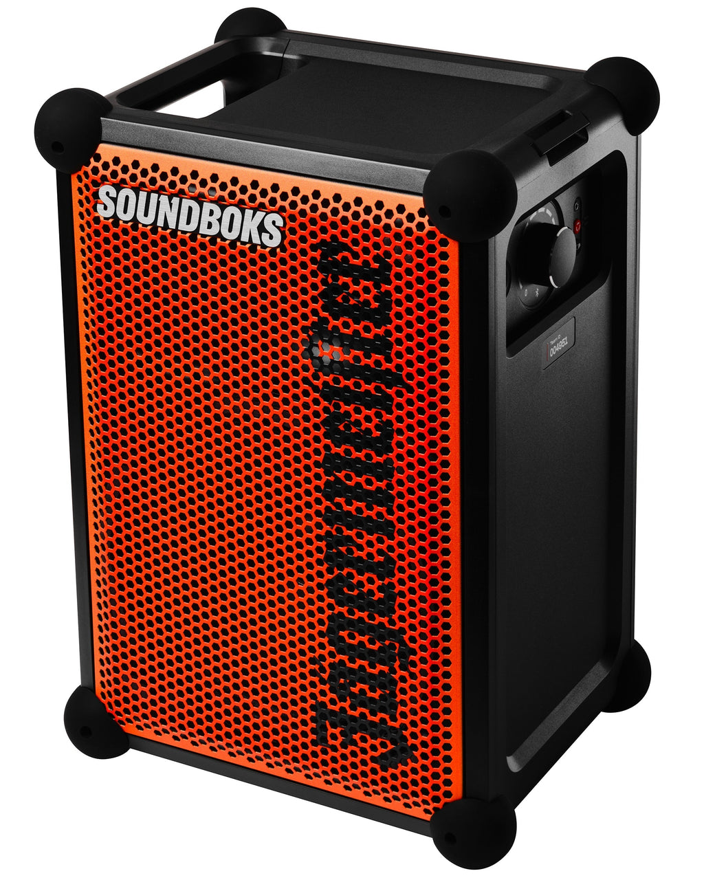 Draagbare Soundboks-speaker in oranje en zwart met 'Jägermeister'-branding