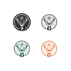 Four Jägermeister logos in white, black, green and orange with deer heads in circular frames on a white background.