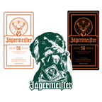 Jägermeister label in white and black with orange logo and logo with a dog holding a Jägermeister bottle label on a white background