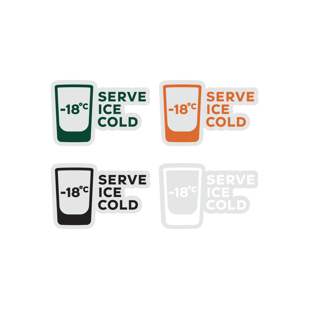 Set of 'Serve Ice Cold' temperature labels with different color schemes on a white background.
