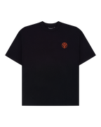 Black t-shirt with a small Jägermeister orange logo on the chest.