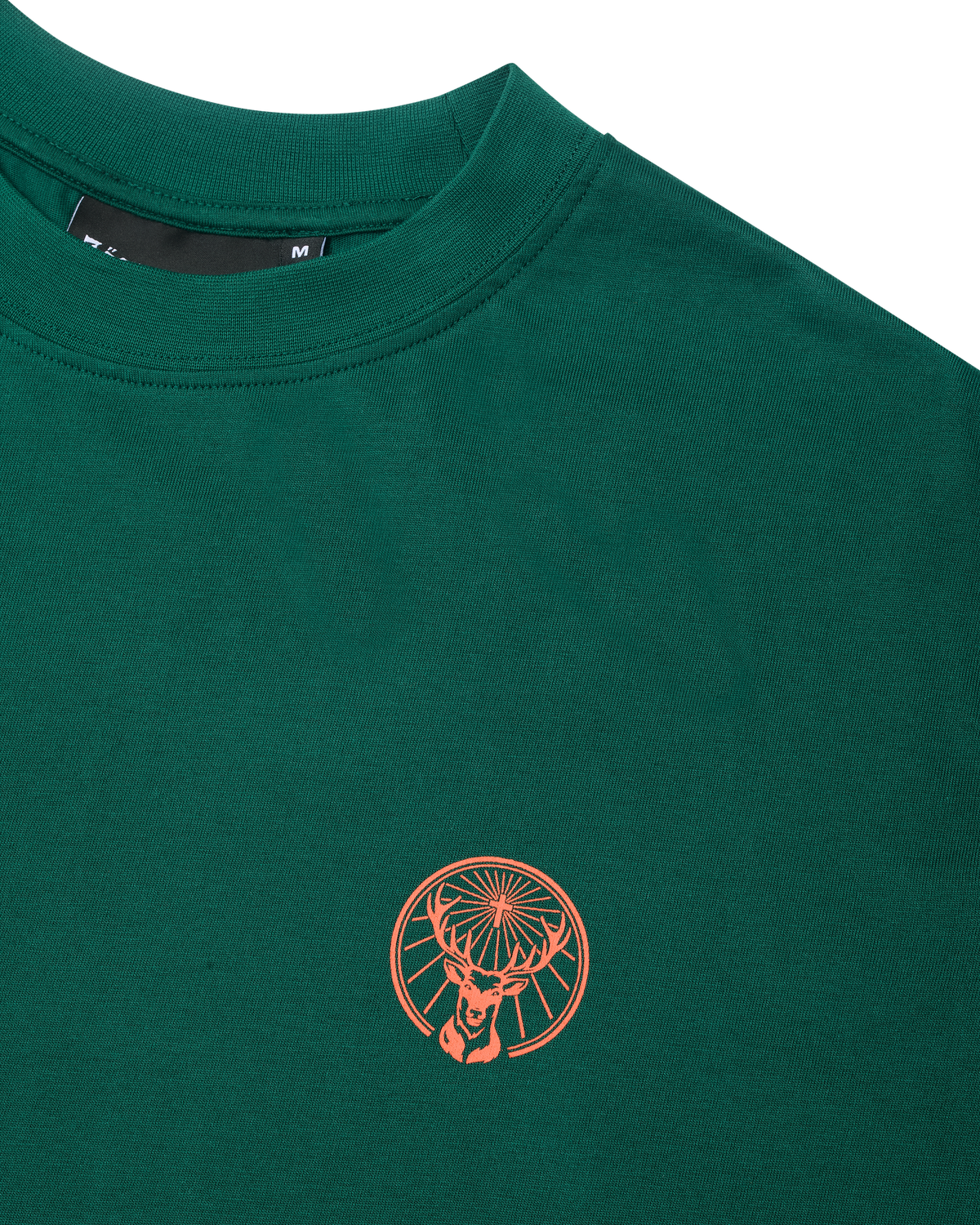 Green Jägermeister t-shirt with an orange logo on the chest.