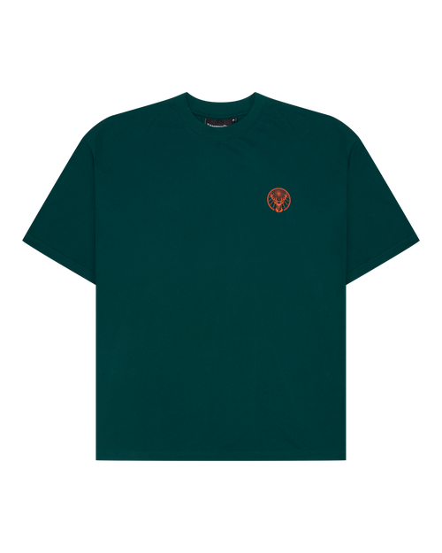 Green t-shirt with a small orange Jägermeister on the chest.