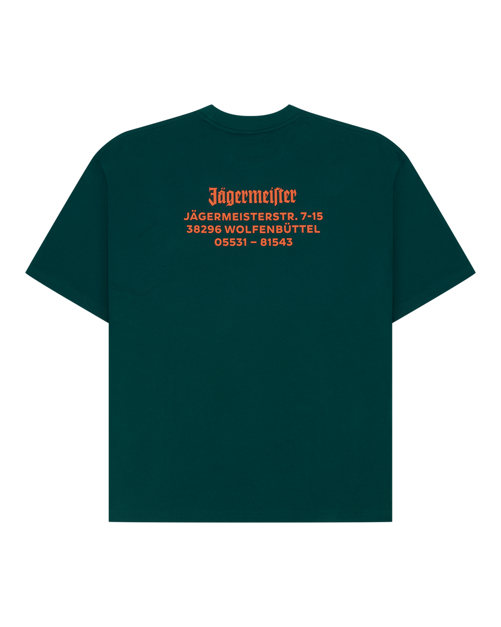 Green t-shirt with orange Jägermeister wordmark and address on the back.