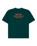 Green t-shirt with orange Jägermeister wordmark and address on the back.