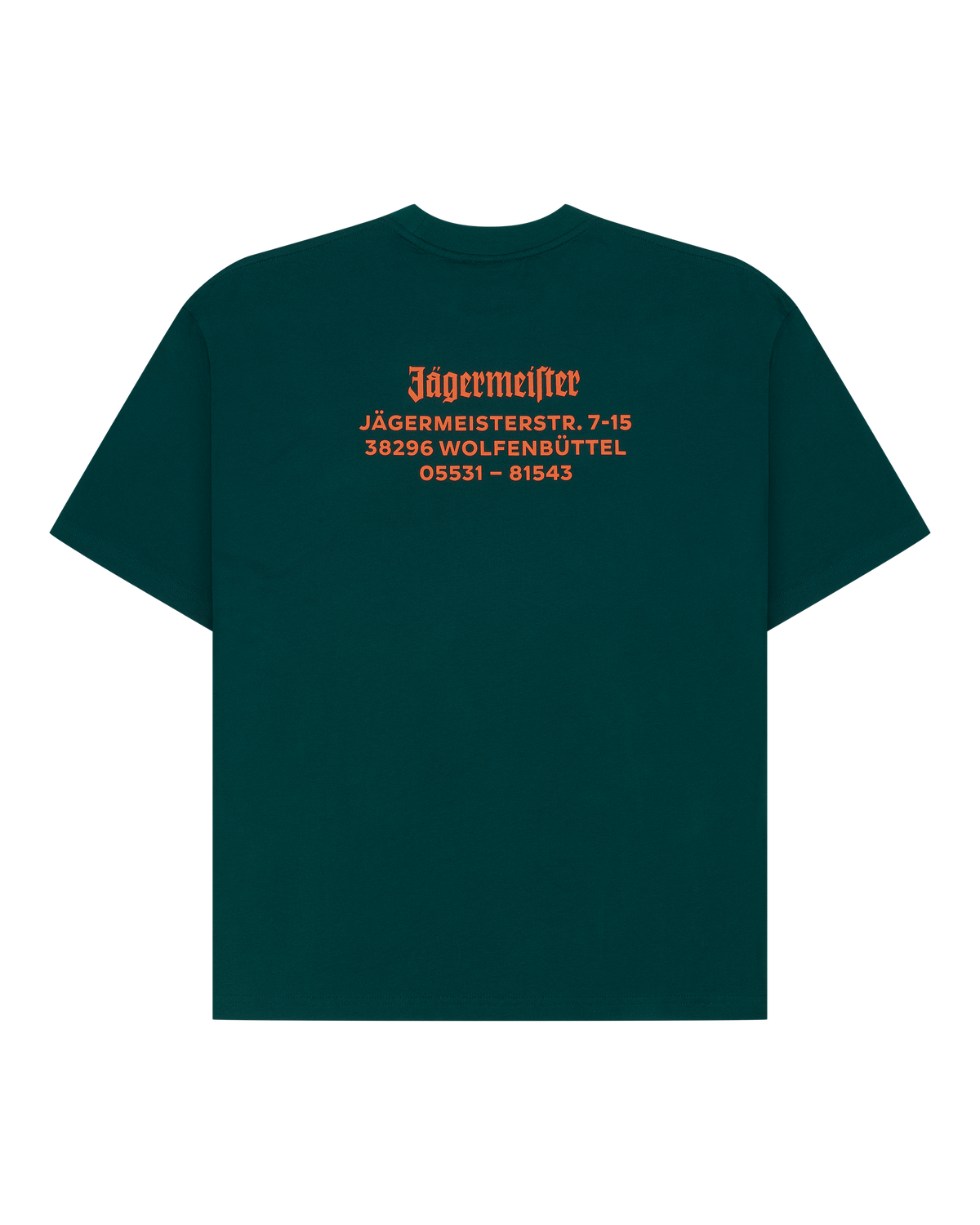 Green t-shirt with orange Jägermeister wordmark and address on the back.