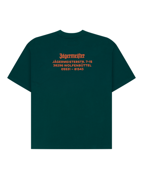 Green t-shirt with orange Jägermeister wordmark and address on the back.