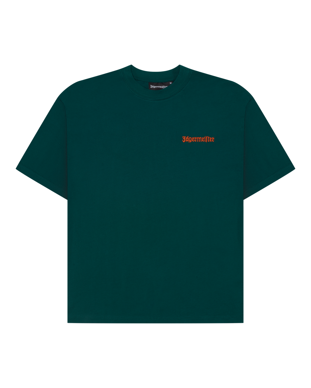 Green Jägermeister t-shirt with a small orange wordmark logo on the chest.