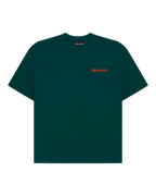 Green Jägermeister t-shirt with a small orange wordmark logo on the chest.
