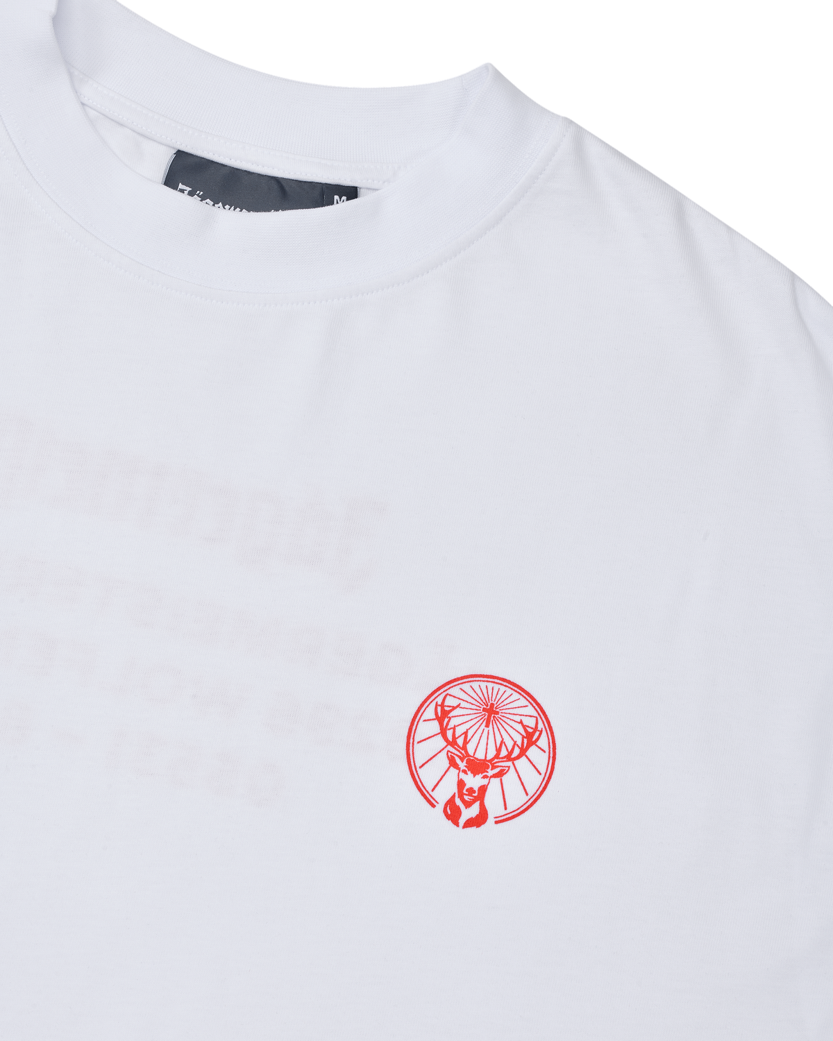 White t-shirt with an orange Jägermeister logo.