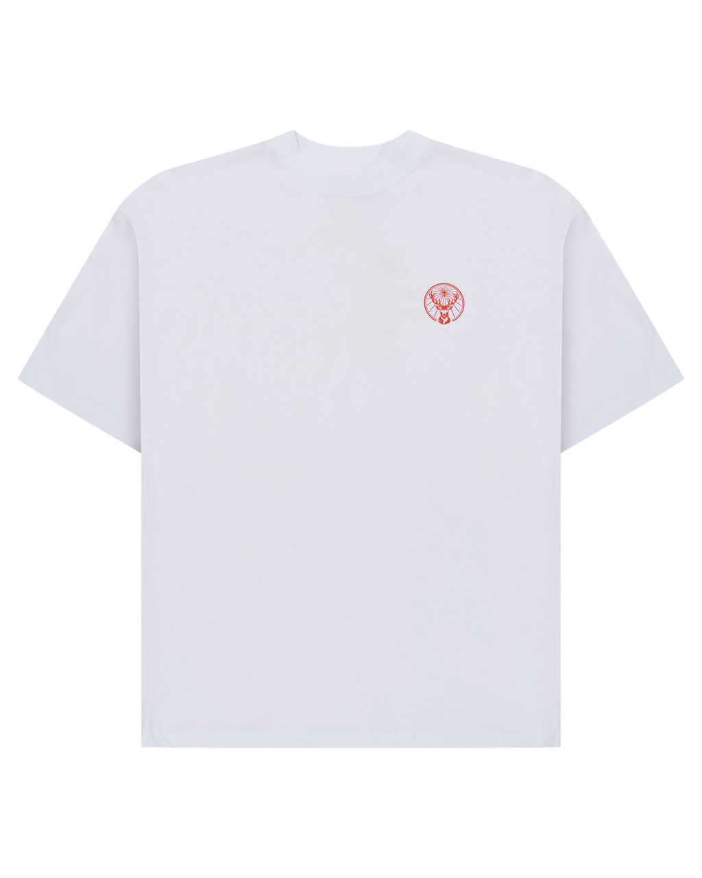 White t-shirt with a small orange Jägermeister logo on the chest.