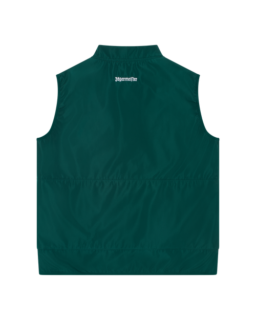 Green Jägermeister vest from the back with a white Jägermeister wordmark.