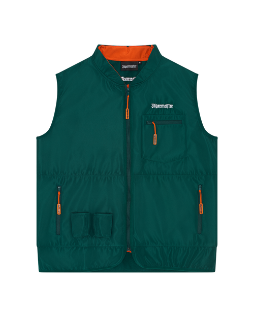 Green Jägermeister tactical vest with orange accents.