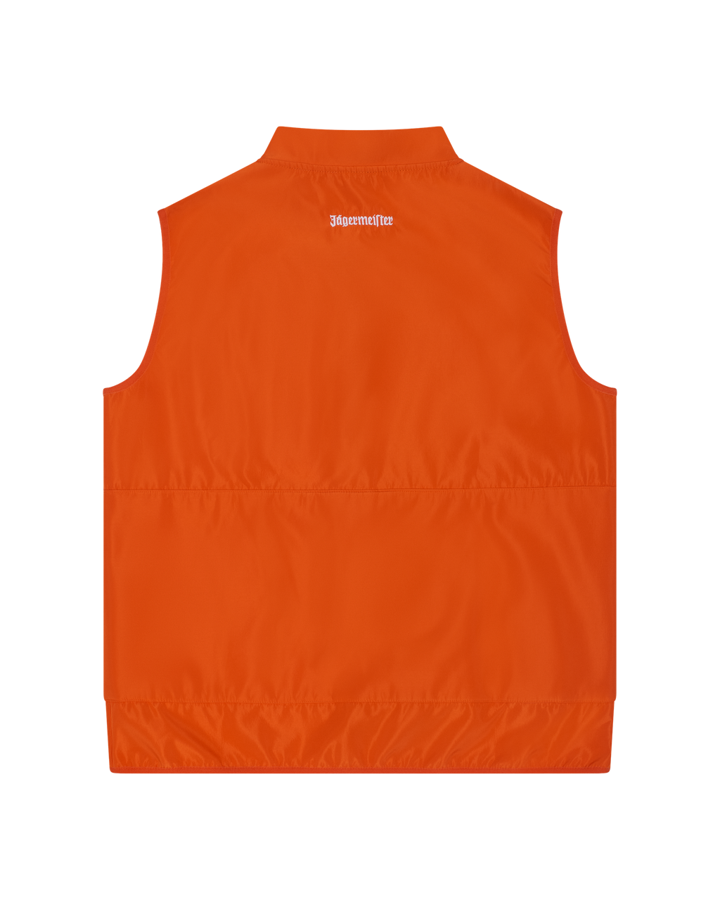 Orange vest with a white Jägermeister brand logo on the back
