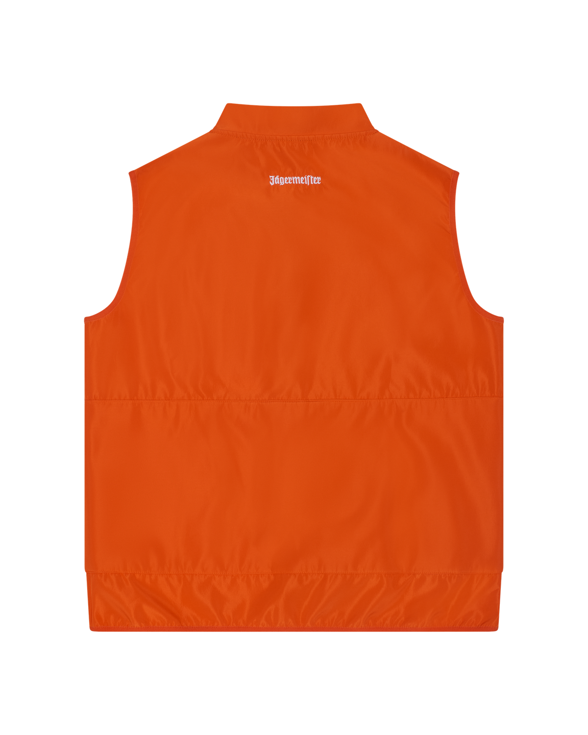 Orange vest with a white Jägermeister brand logo on the back