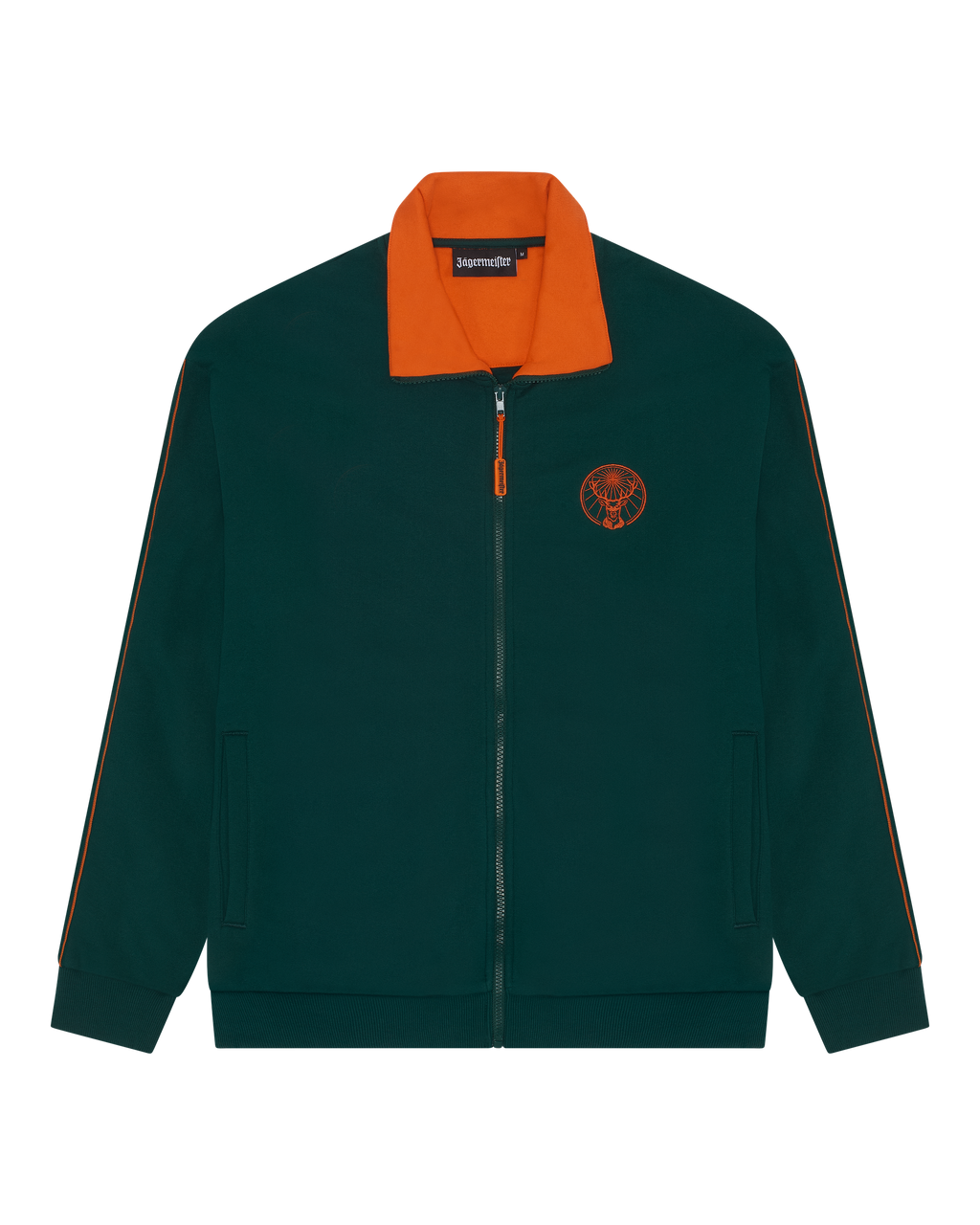 Green Jägermeister track jacket with orange collar and orange Jägermeister logo on the chest.