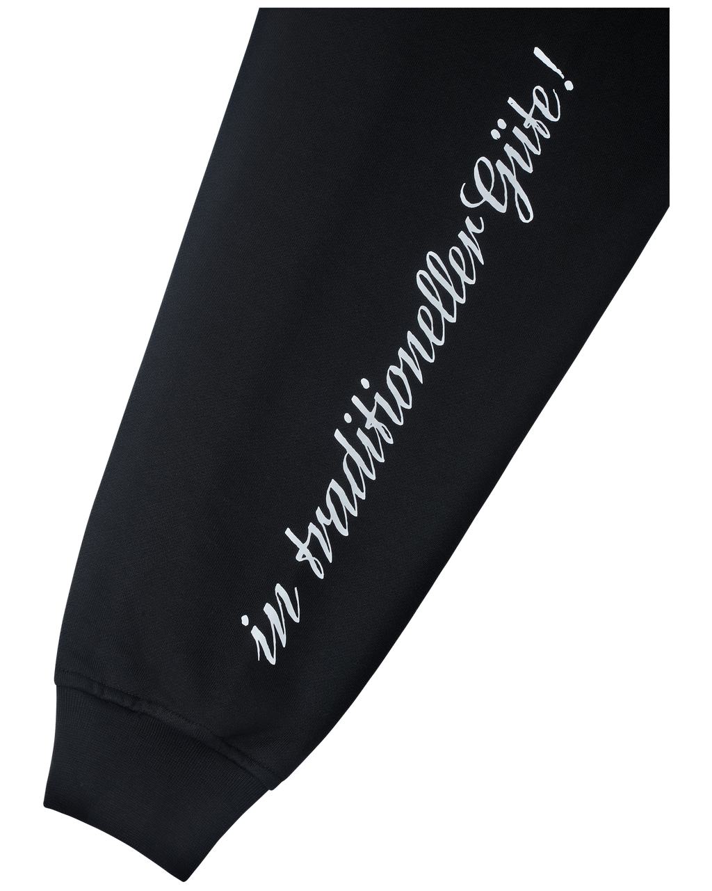 Black sweatshirt sleeve with white text