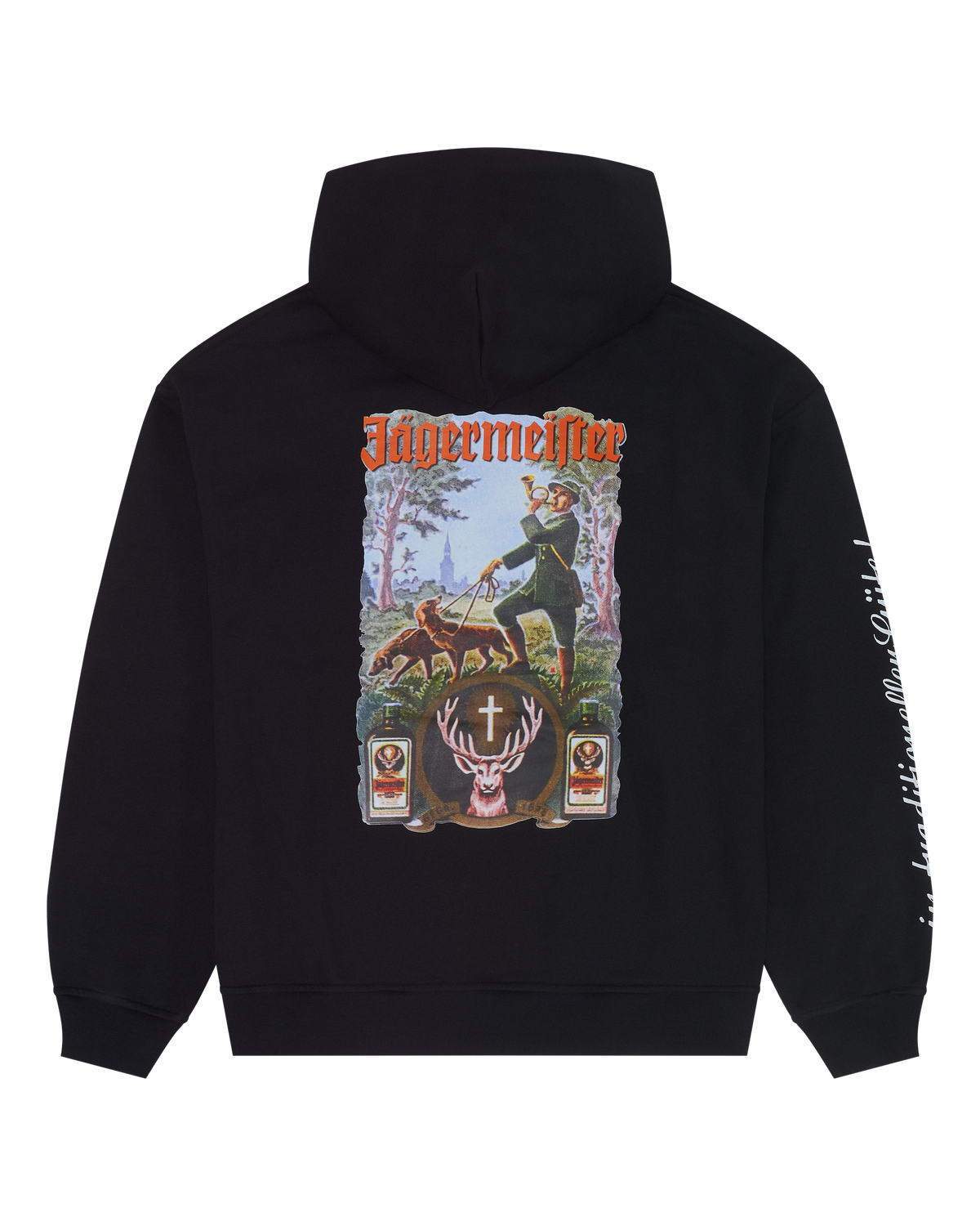 Black hoodie with Jägermeister Tradition graphic on the back