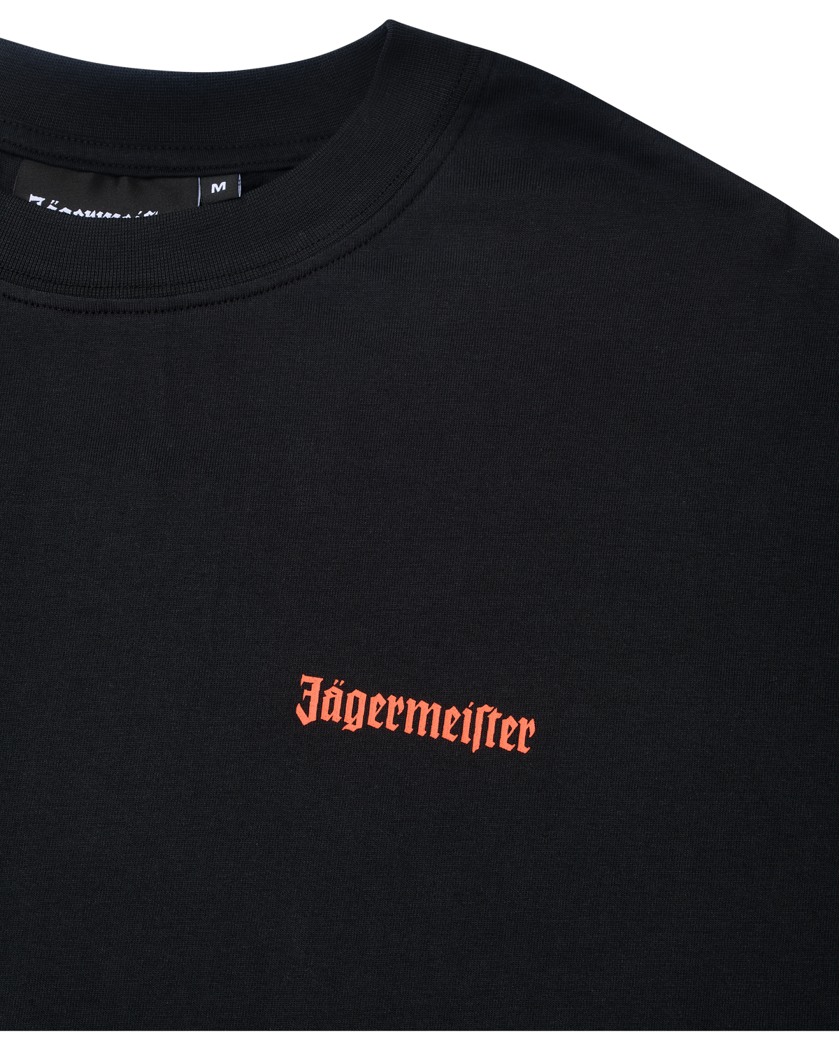 Black t-shirt with orange Jägermeister wordmark