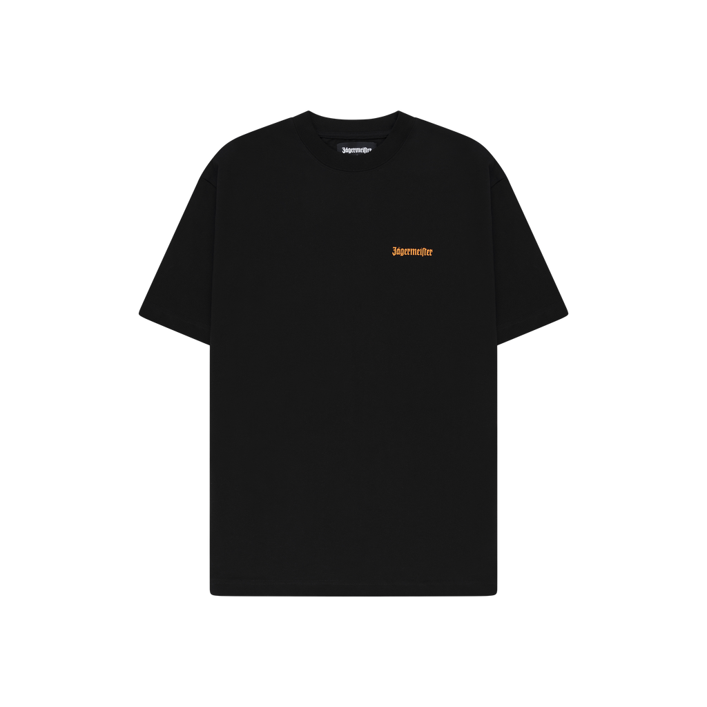 Black t-shirt with a small orange Jägermeister wordmark on the chest.