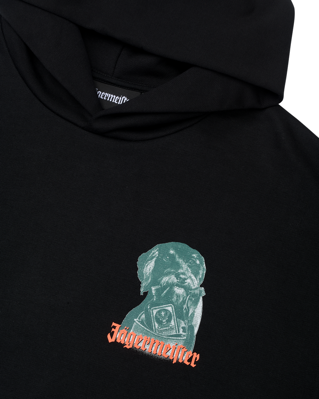 Black hoodie with Jägermeister Waldi logo on the chest