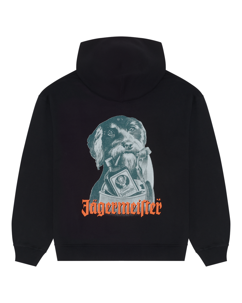 Black hoodie with Jägermeister Waldi graphic and Jägermeister wordmark on the back