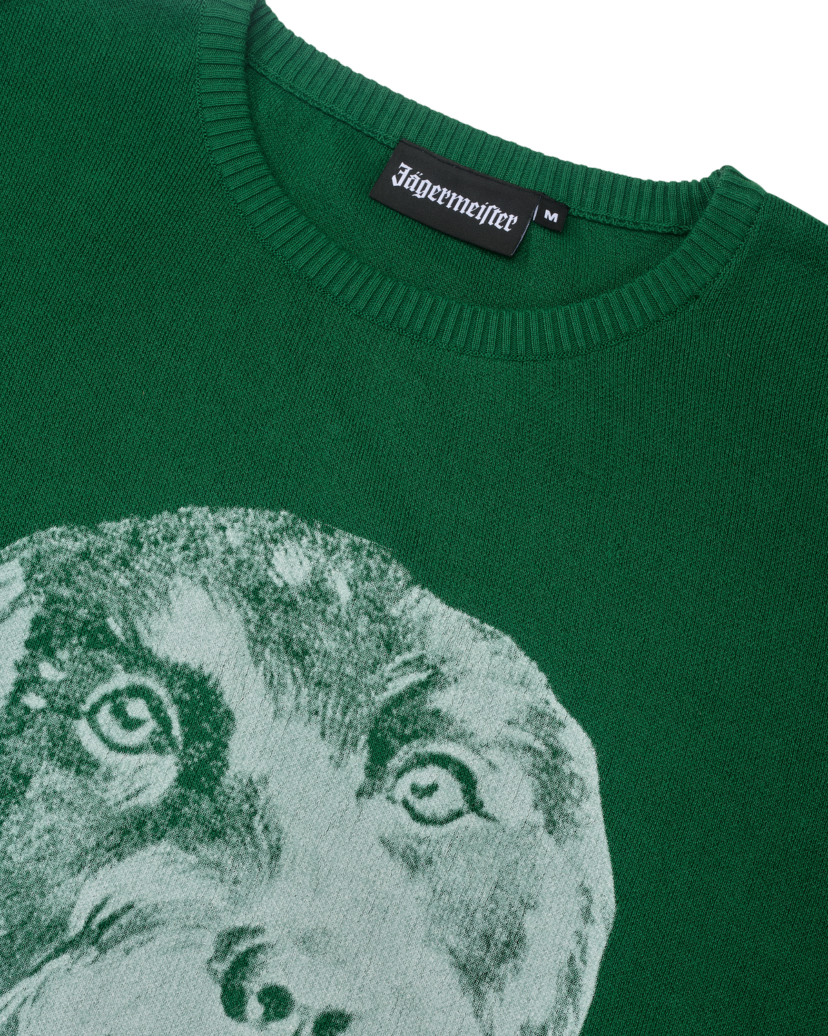 Groene gebreide trui met Jägermeister Waldi-design