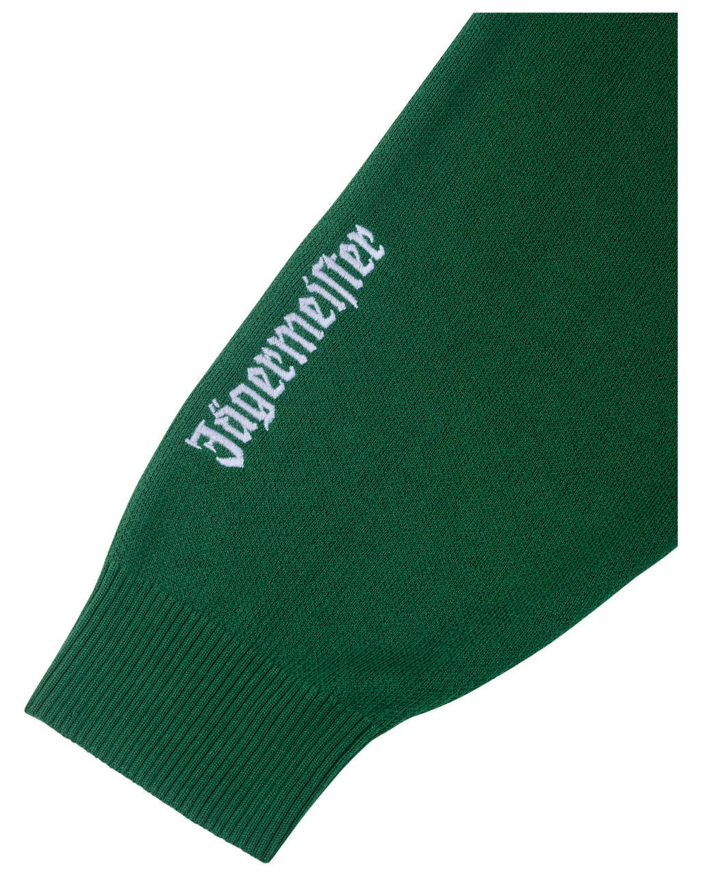 Mouw van de Jägermeister Waldi-knitwear. Op de mouw staat het Jägermeister-wordmerk in wit.