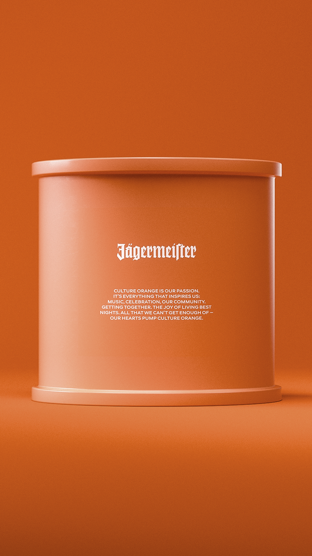 A cylindrical tin coloured in 'culture orange' with a matching lid, featuring the brand name 'Jägermeister' printed in white gothic font on the front, set against a solid orange background.