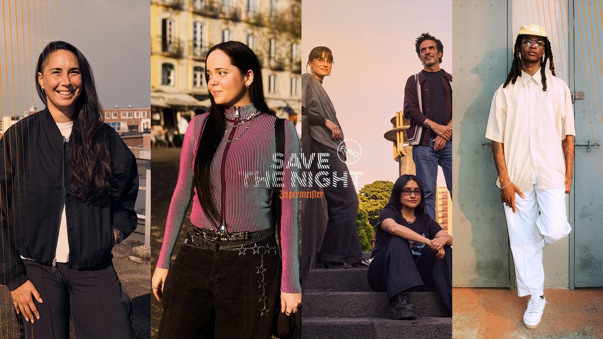 A four-panel collage showing people wearing streetwear outfits. The panels feature models in various urban settings, including a woman in a black striped jacket, a woman in a ribbed purple and green top, a seated woman in dark clothing, and a man in a white t-shirt and white pants.